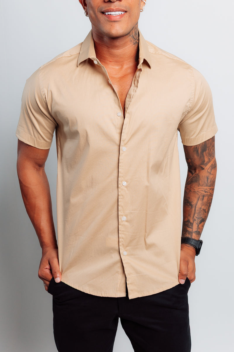 Camisa Social Manga Curta Preta Bege